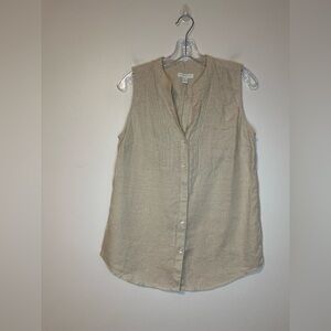 Charter Club Linen Embroidered Sleeveless Tan V Neck Button Shirt Women’s Sz S